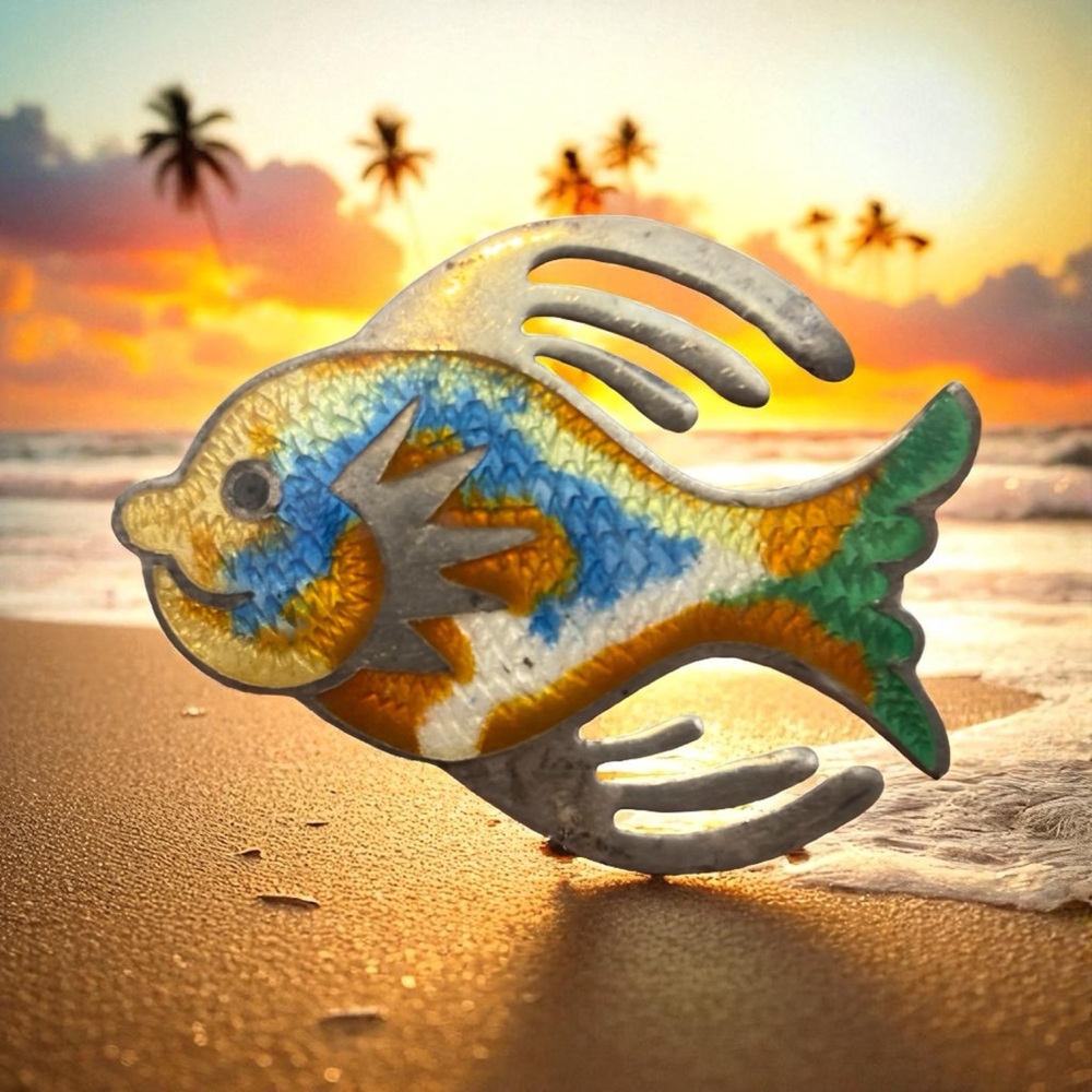 Vintage Fish Brooch Pin Sterling Guilloche Basse Taille Blue Orange Green Enamel